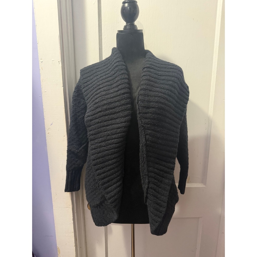 Anthropologie Black Knit Open Front Cardigan Ribbed Shawl Collar Sweater XS